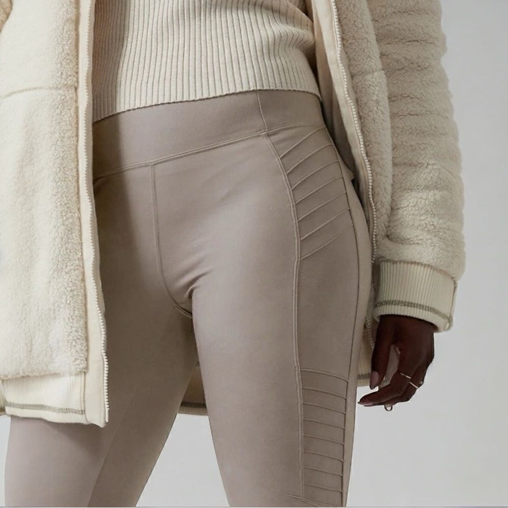 ATHLETA Leggings Delancey Gleam Moto Tights Bluff Grey Taupe Size Medium Tall